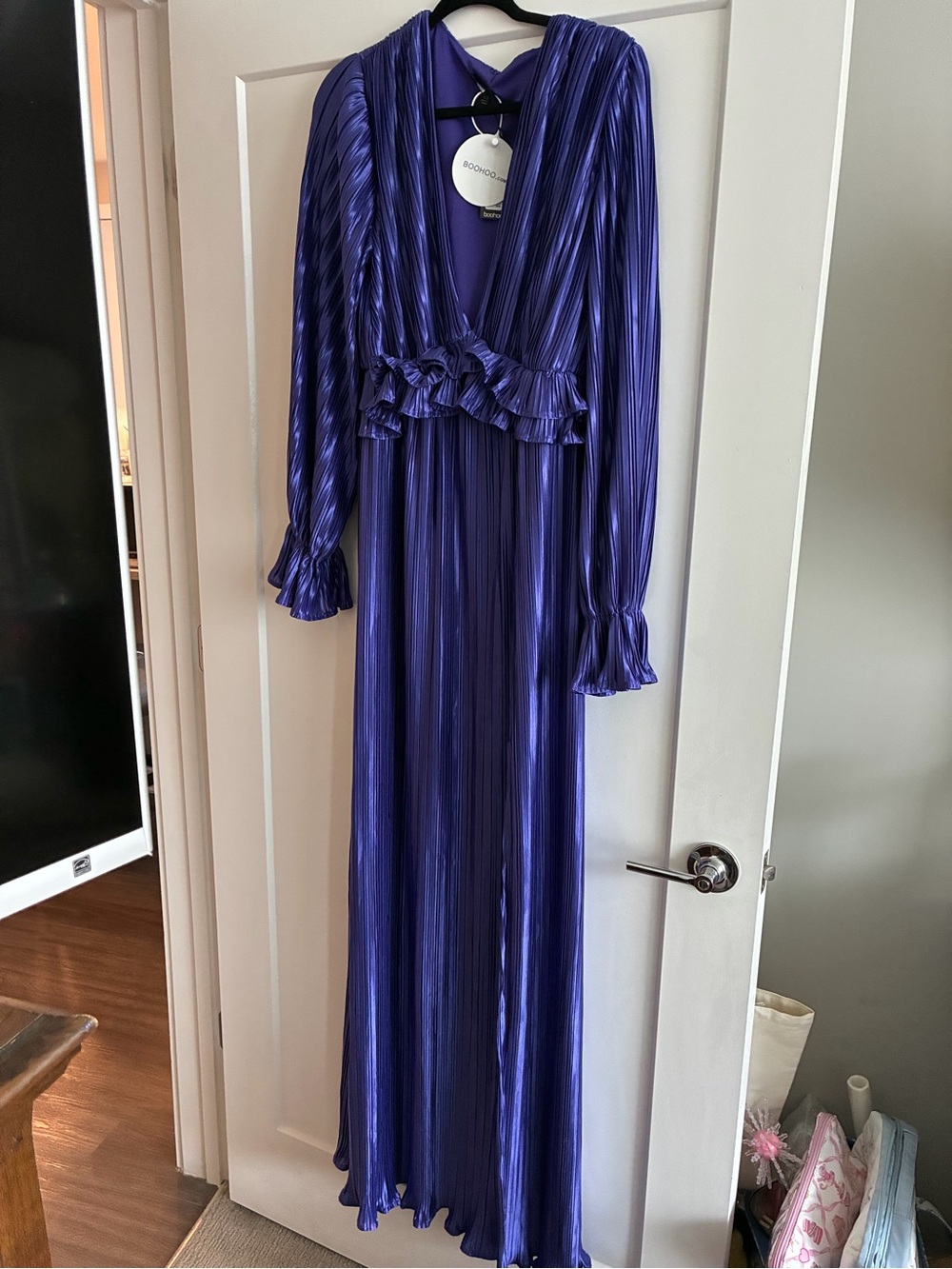 Boohoo Metallic Blue Pleated Maxi Dress